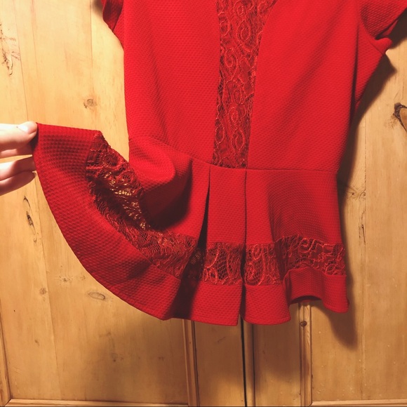 Modcloth Red Collared Top with Illusion Lace Small - Picture 4 of 6